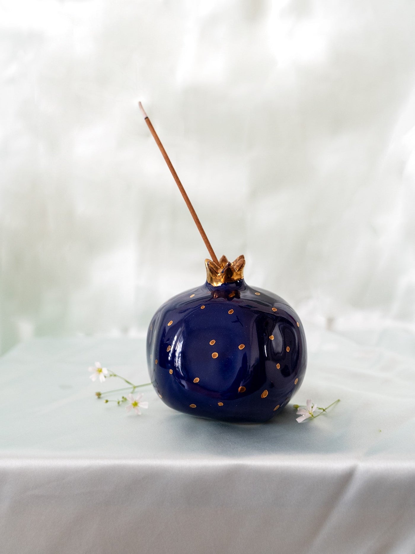 Set of 2 Ceramic Pomegranate Showpieces | Gold Plated Crown | 4 inch | Blinding Blue & Off-White