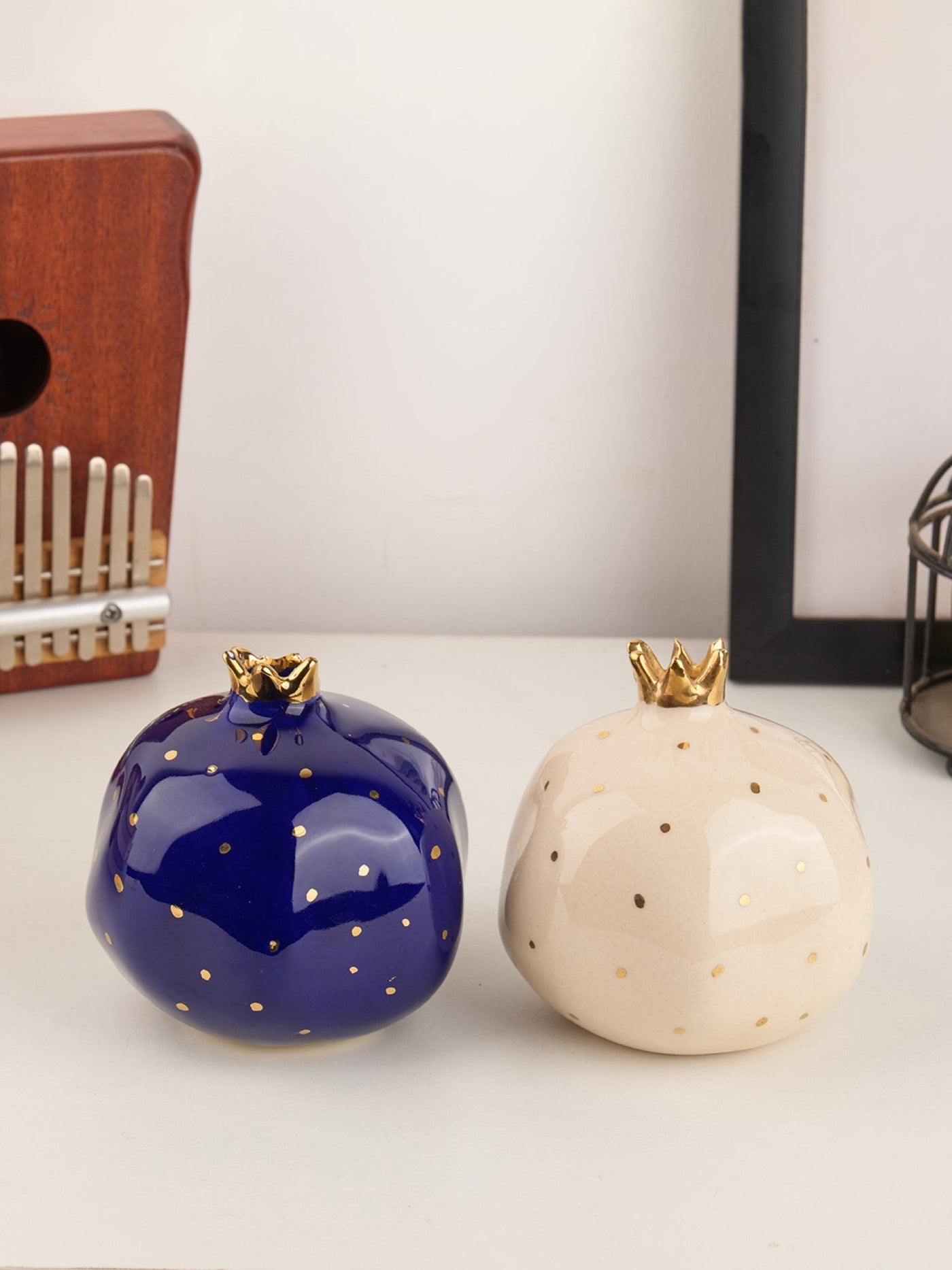 Set of 2 Ceramic Pomegranate Showpieces | Gold Plated Crown | 4 inch | Blinding Blue & Off-White