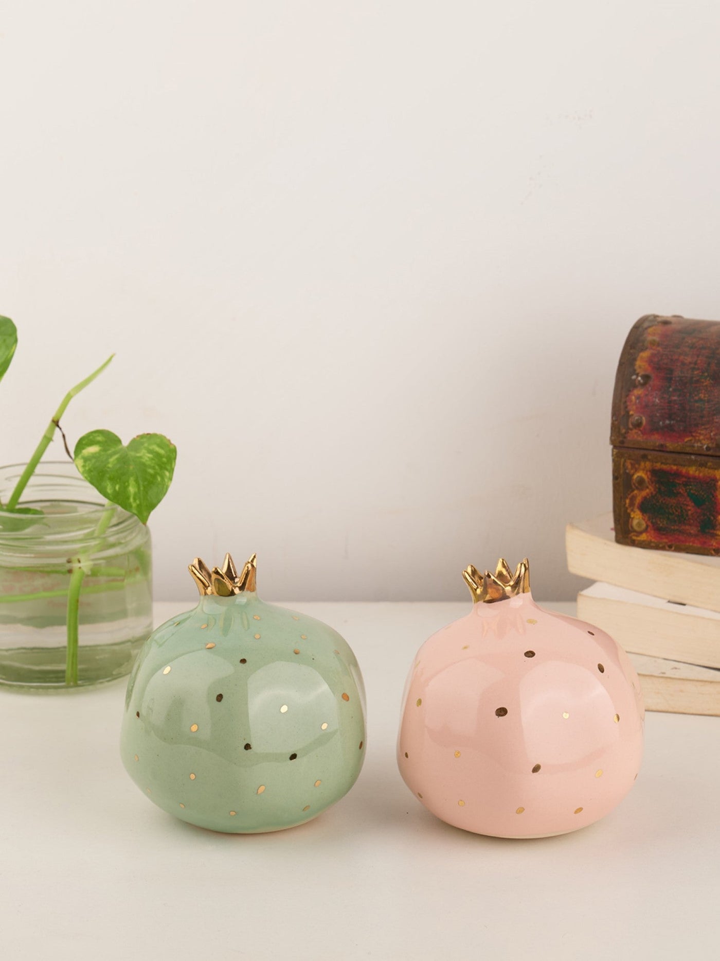 Set of 2 Ceramic Pomegranate Showpieces | Gold Plated Crown | 4 inch | Blush Pink & Mint Green