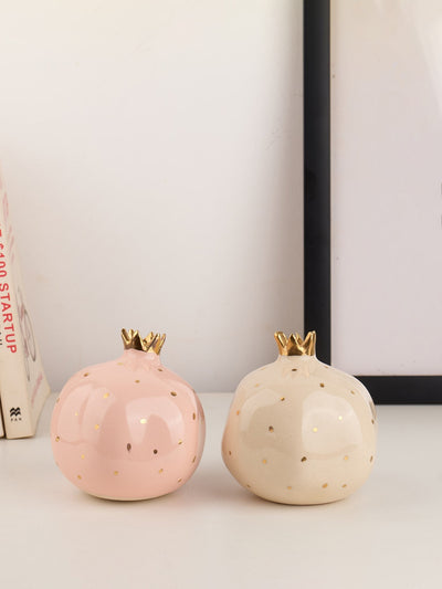 Set of 2 Ceramic Pomegranate Showpieces | Gold Plated Crown | 4 inch | Blush Pink & Off-White