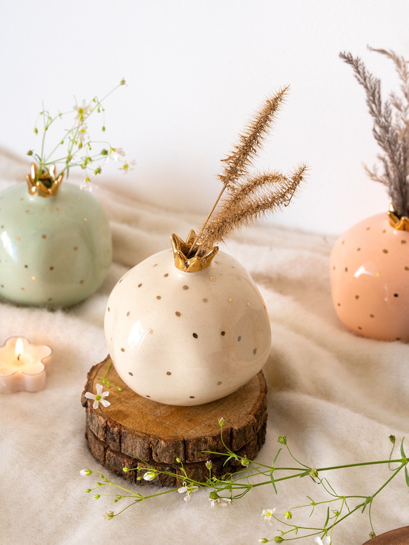 Set of 2 Ceramic Pomegranate Showpieces | Gold Plated Crown | 4 inch | Blush Pink & Off-White