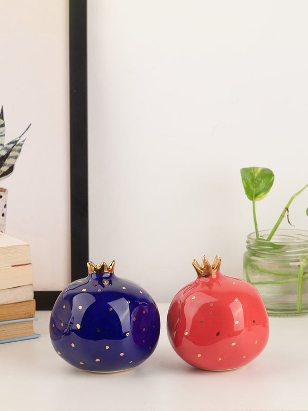Set of 2 Ceramic Pomegranate Showpieces | Gold Plated Crown | 4 inch | Ravishing Red & Blinding Blue