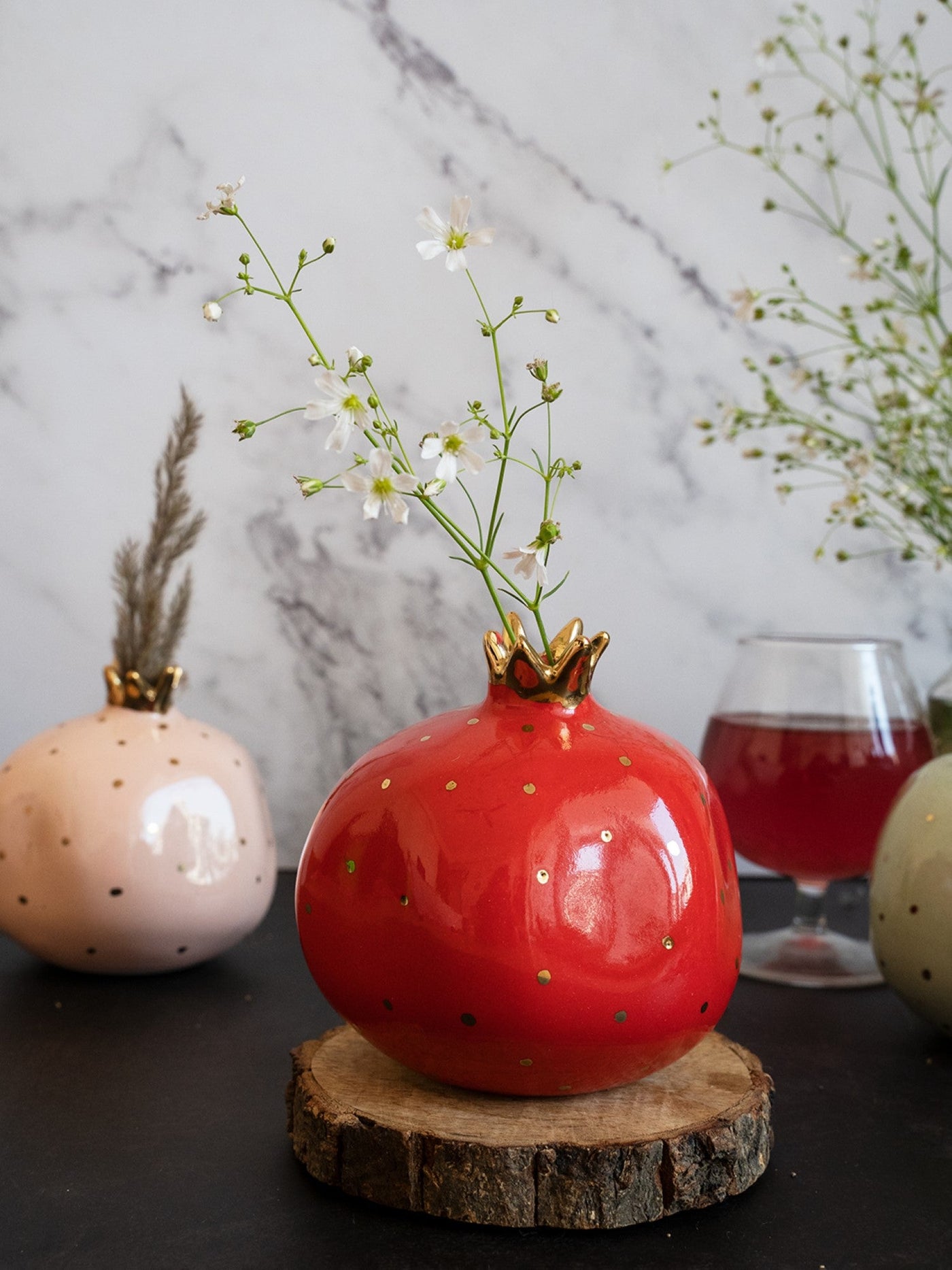 Set of 2 Ceramic Pomegranate Showpieces | Gold Plated Crown | 4 inch | Ravishing Red & Blinding Blue