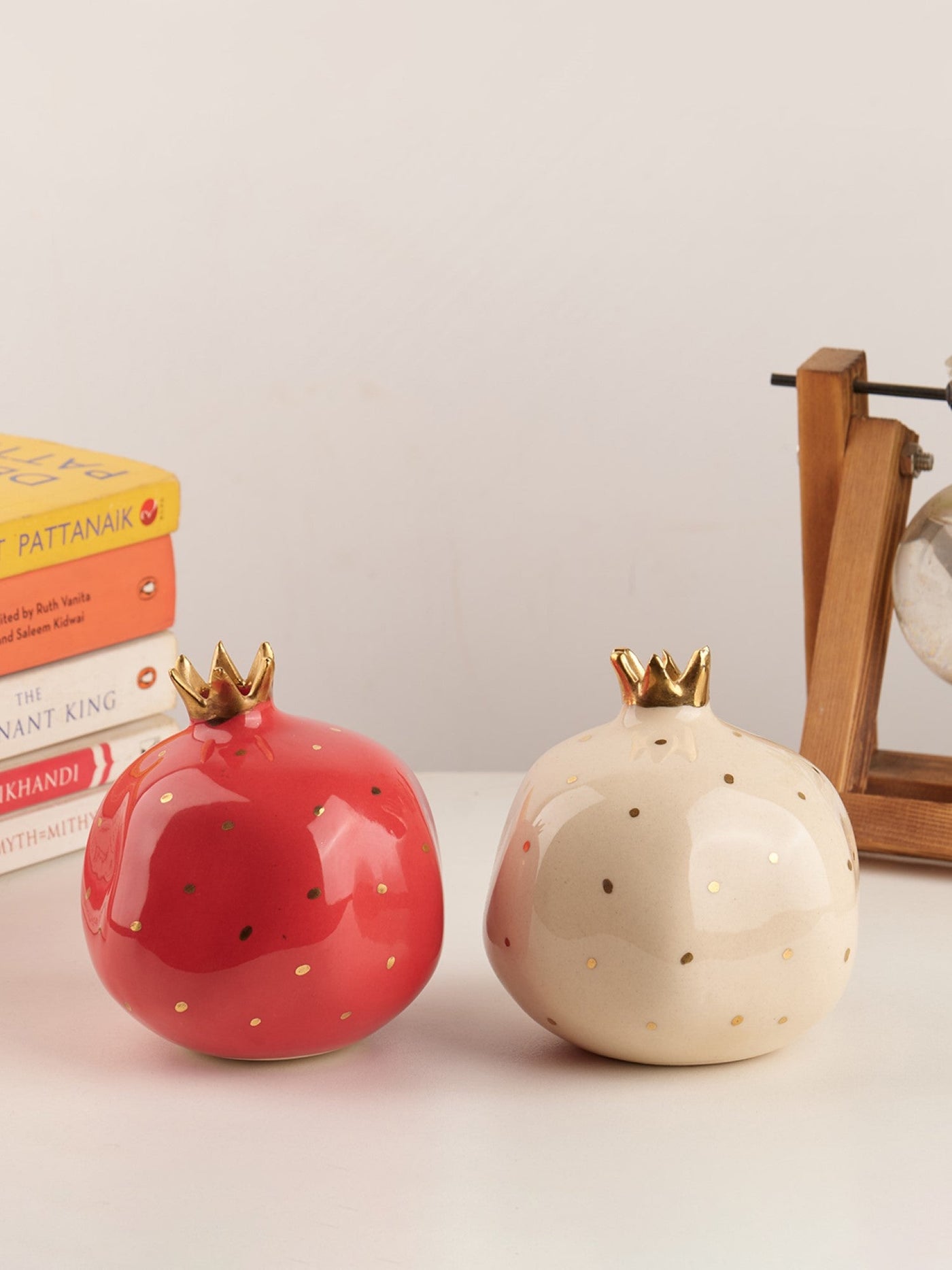 Set of 2 Ceramic Pomegranate Showpieces | Gold Plated Crown | 4 inch | Ravishing Red & Off-White