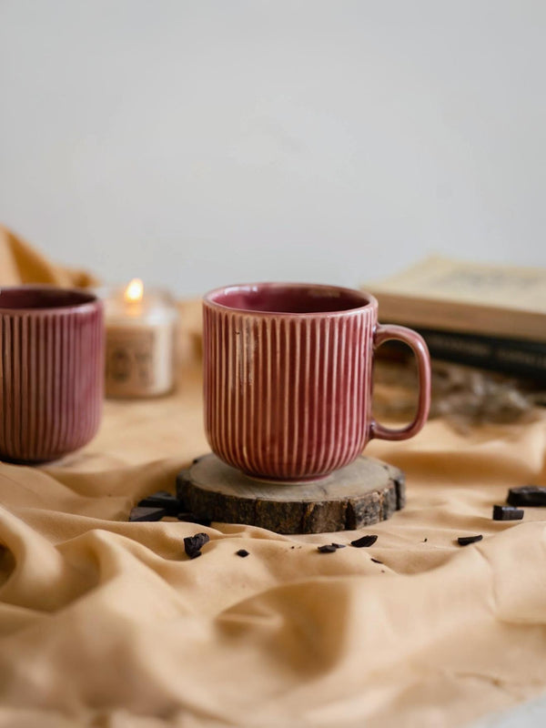 Striped Mug by Glimpse Homes | 330 ml | Set of 2 mugs | Cherry Red color