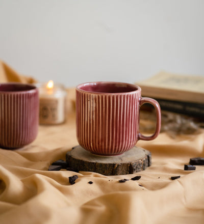 Striped Mug by Glimpse Homes | 330 ml | Set of 2 mugs | Cherry Red color