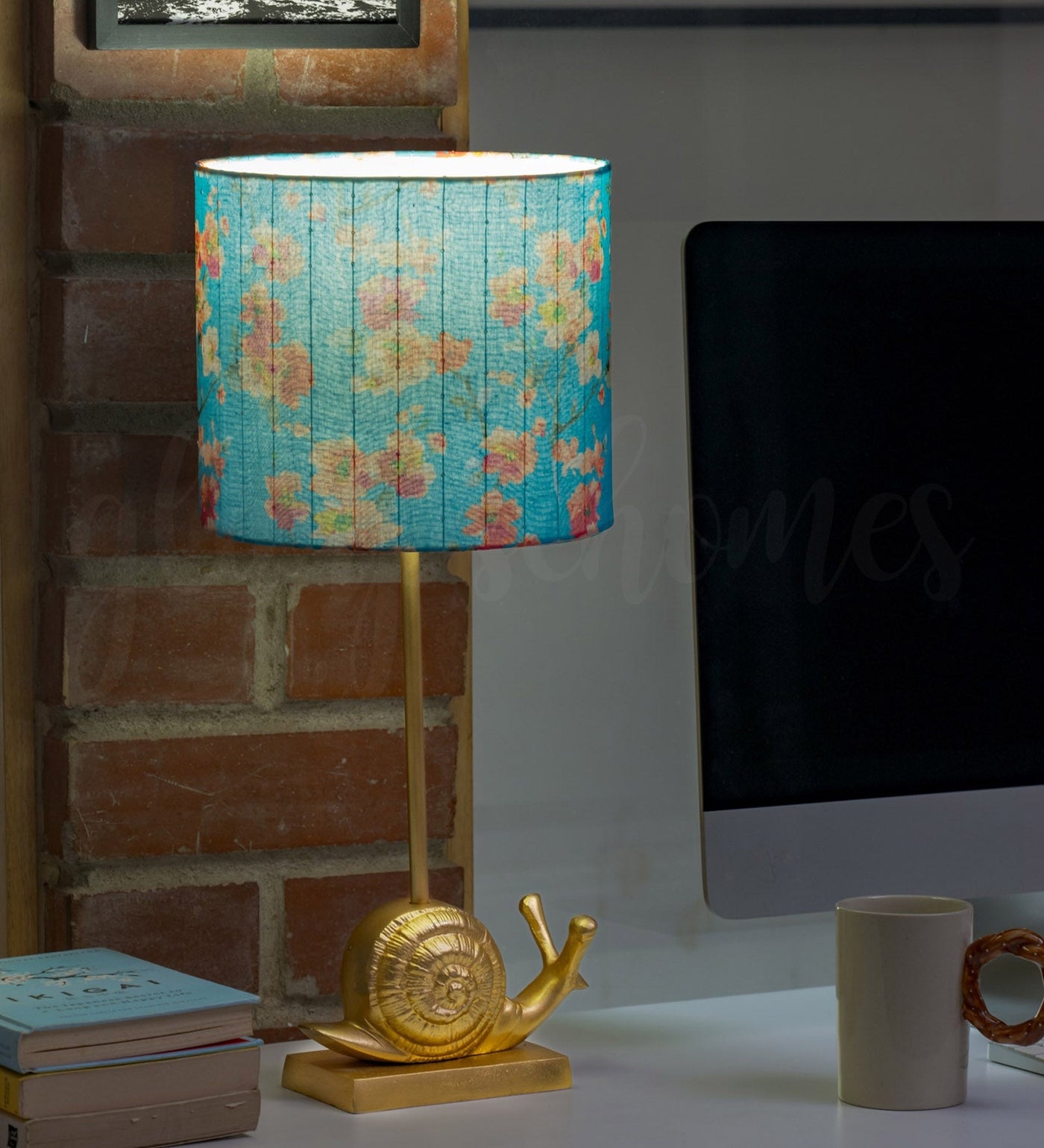 The Glimpse Snail Lamp | Bedside & Table Lamp | 7 Inch Shade | Floral Cyan Shade