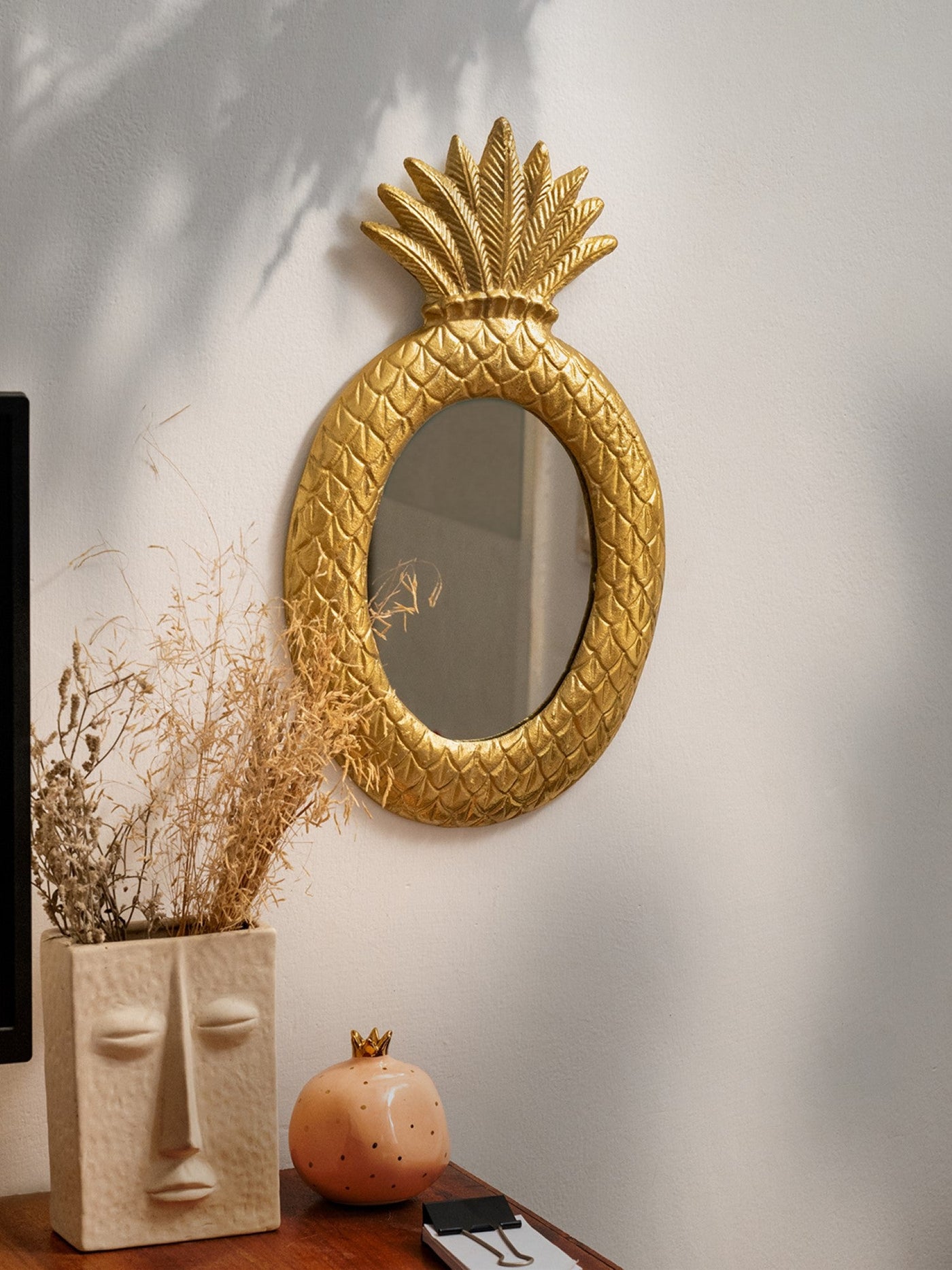 Peppy Pineapple Designer Mirror | Wall Decor | Gold Polished Metal | 18 Inch