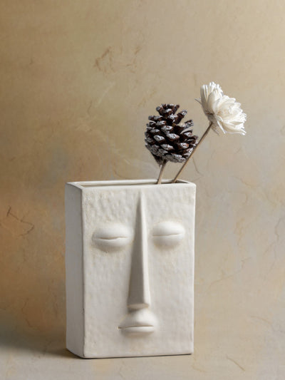 Ceramic Flower Vase | Set of 2 | Zen Face Vase 7" & Jaw Dropper Face Vase 7" | Ivory| Satin Matte Finish