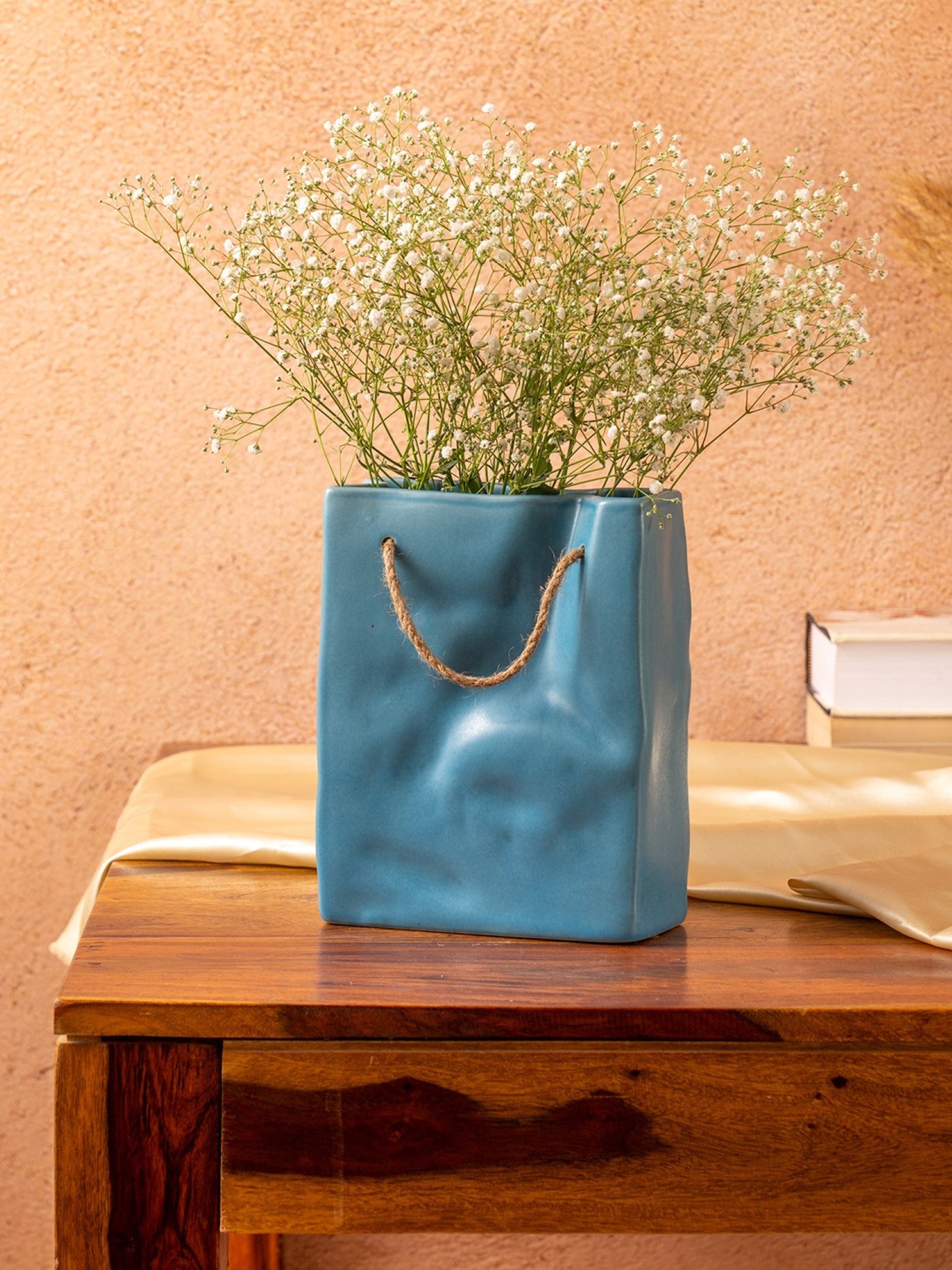 Glimpse Crinkled Paper Bag Shaped Ceramic Vase | Unconventional & Artistic | 8 inch Flower Vase | Korean Blue