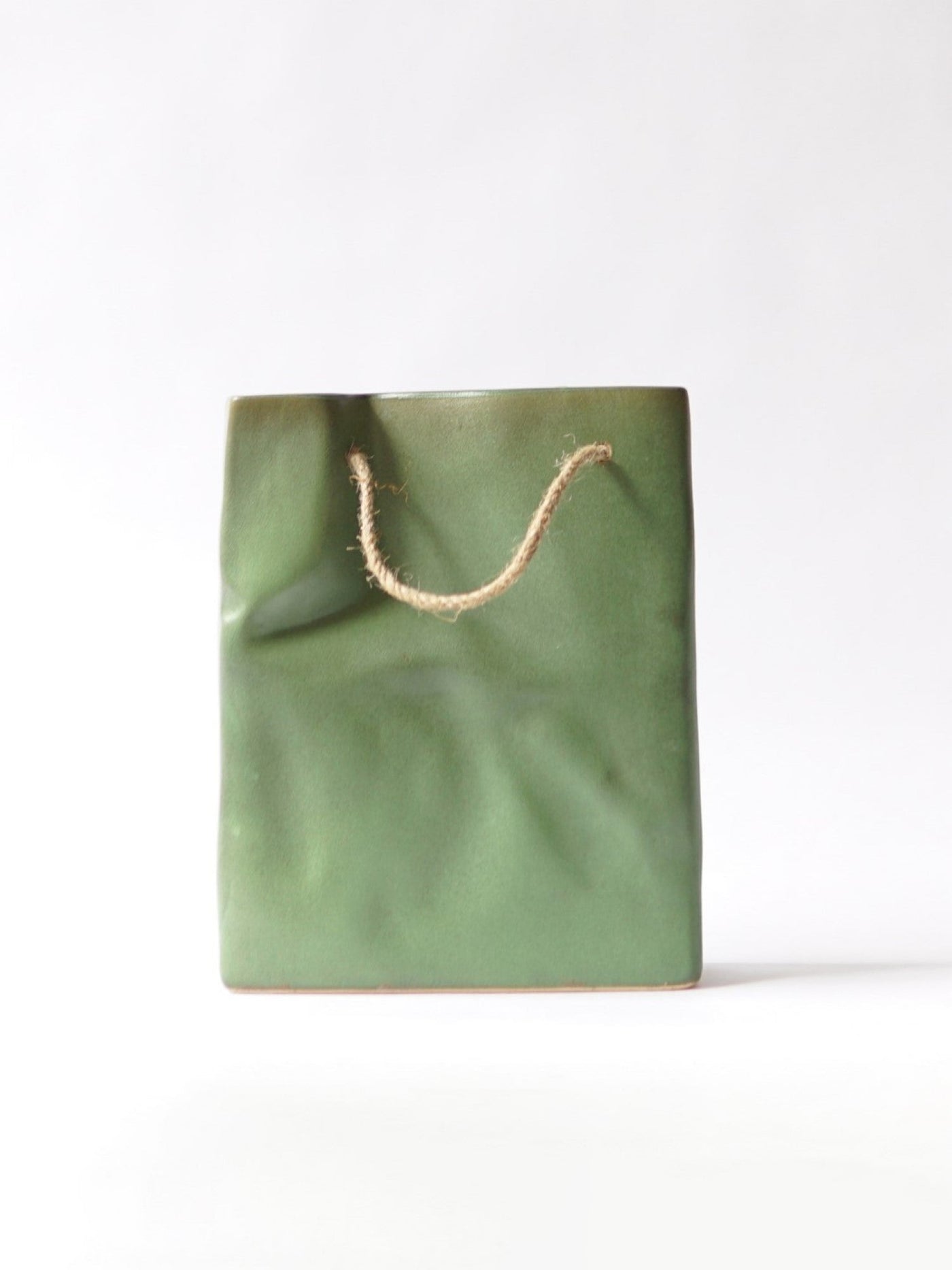 Glimpse Crinkled Paper Bag Shaped Ceramic Vase | Unconventional & Artistic | 8 inch Flower Vase | Olive Green