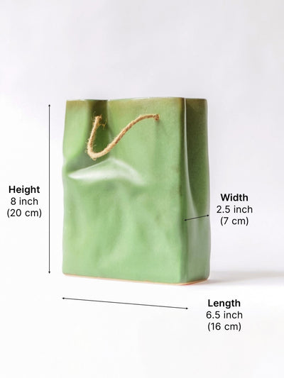 Glimpse Crinkled Paper Bag Shaped Ceramic Vase | Unconventional & Artistic | 8 inch Flower Vase | Olive Green