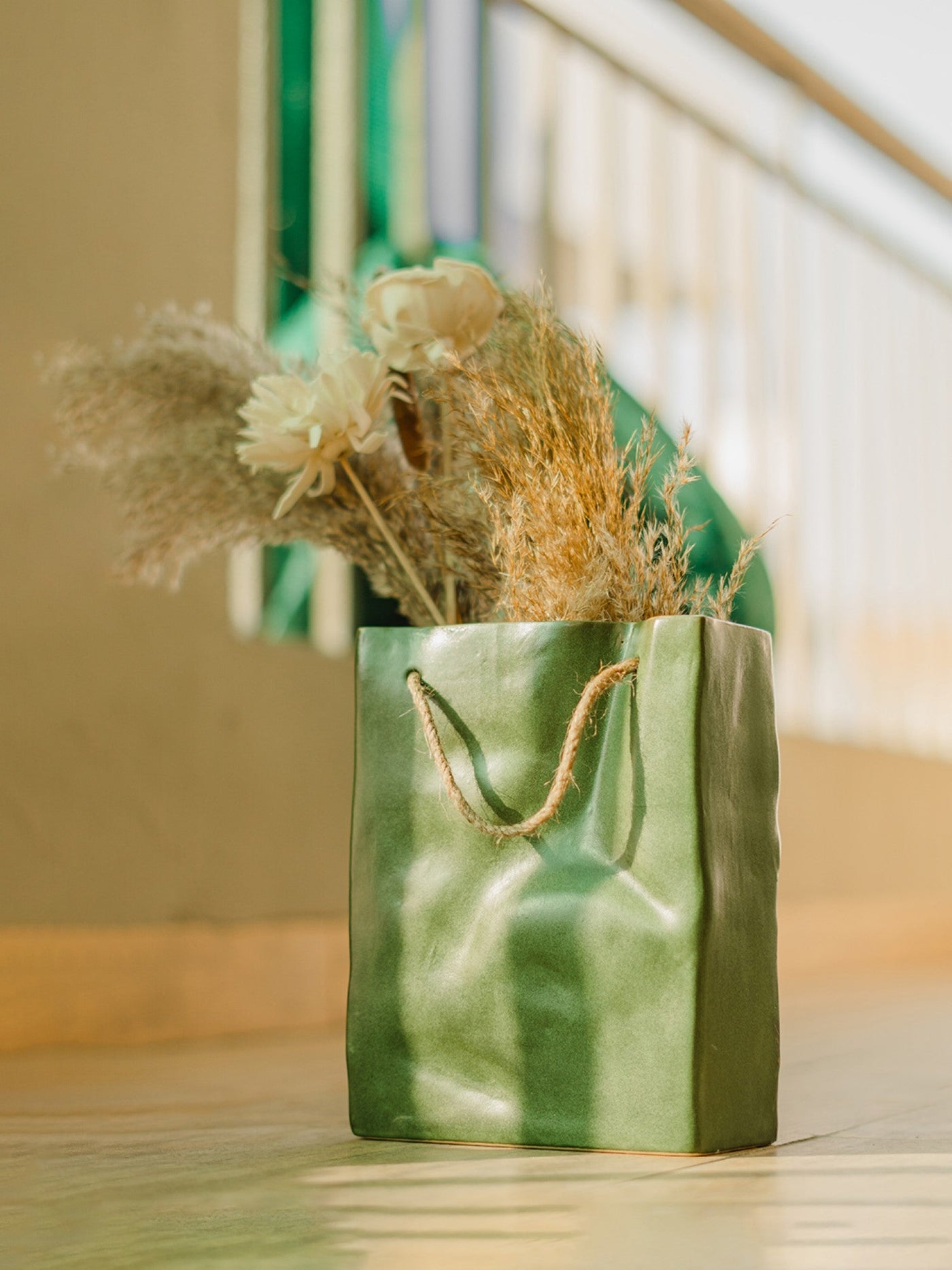 Glimpse Crinkled Paper Bag Shaped Ceramic Vase | Unconventional & Artistic | 8 inch Flower Vase | Olive Green