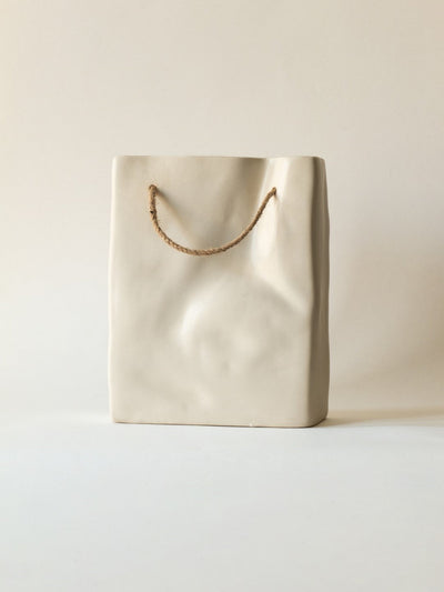 Glimpse Crinkled Paper Bag Shaped Ceramic Vase | Unconventional & Artistic | 8 inch Flower Vase | Ivory White