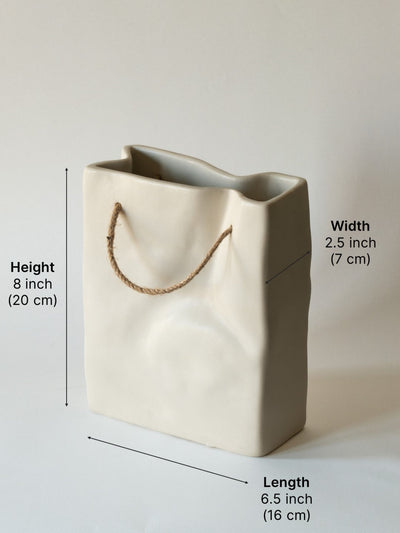 Glimpse Crinkled Paper Bag Shaped Ceramic Vase | Unconventional & Artistic | 8 inch Flower Vase | Ivory White