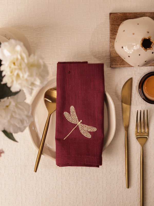 Burgundy Dragonfly Cotton Slub Napkins