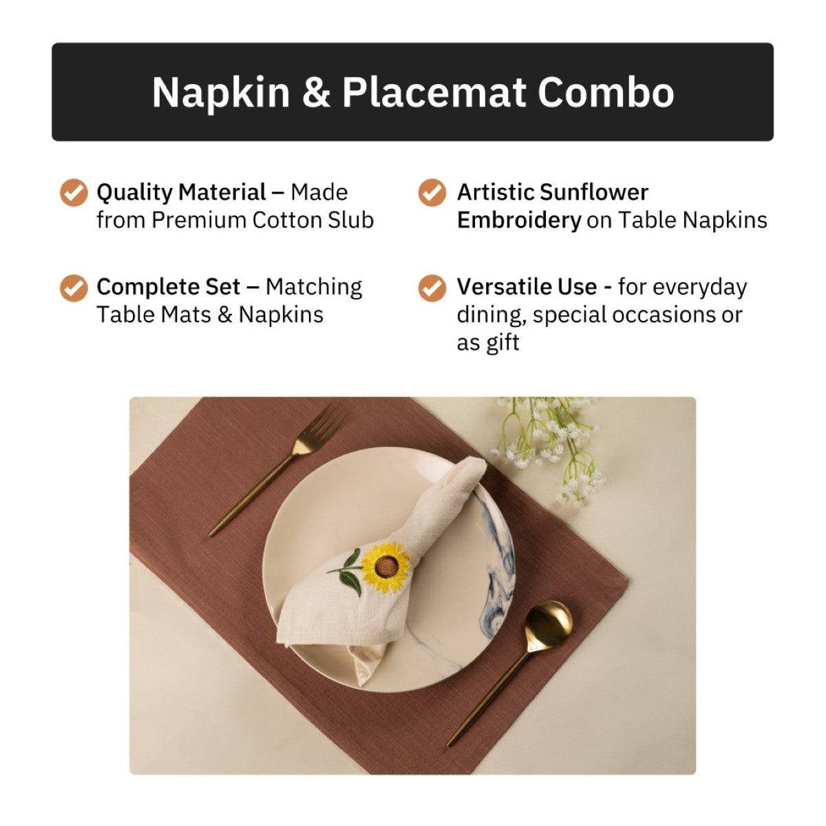 Amber Sunflower Cotton Slub Napkins & Mats Combo