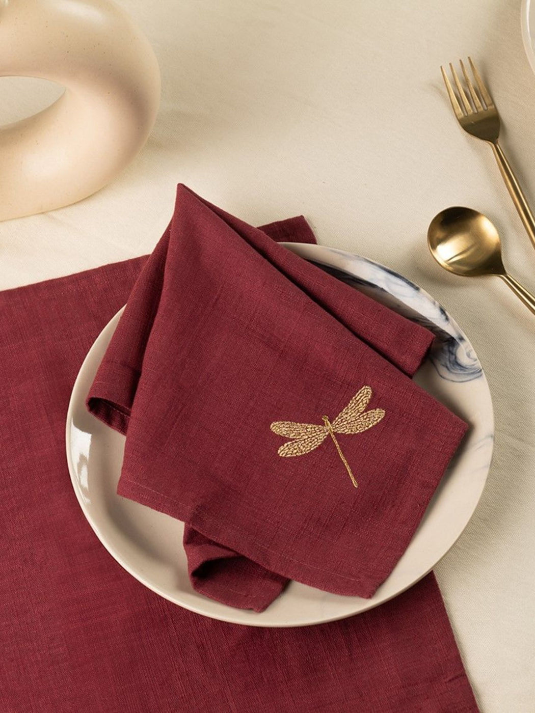 Burgundy Dragonfly Cotton Slub Napkins & Mats Combo
