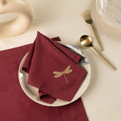 Burgundy Dragonfly Cotton Slub Napkins & Mats Combo