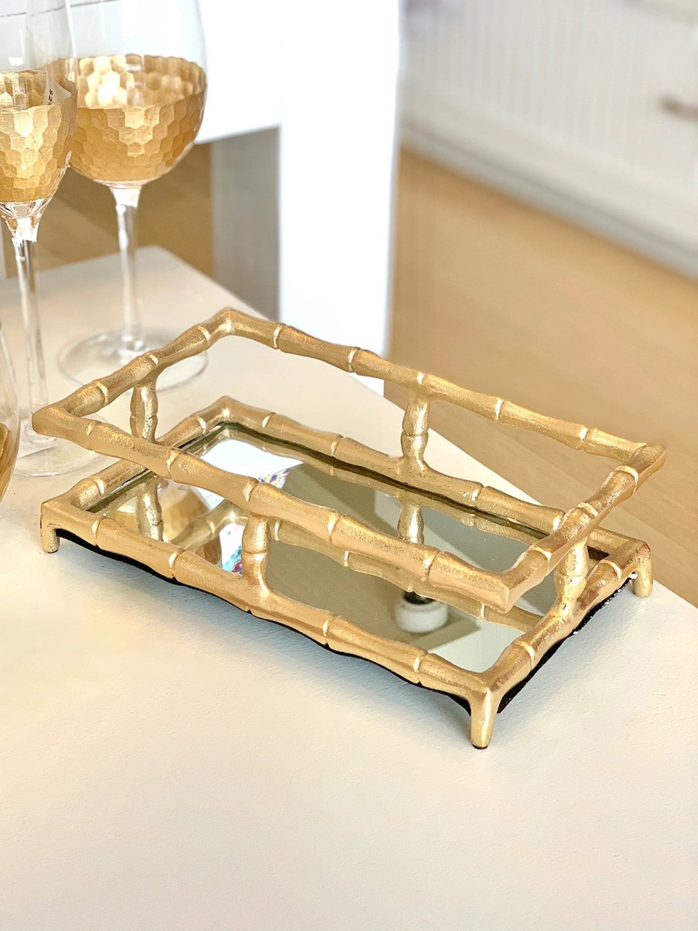 Glimpse Homes Bamboo Design Glass Vanity Tray| Decorative Serving Tray - Medium