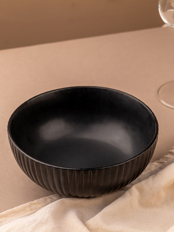 Matte Black Ceramic Serving Bowl| 7 inch| Microwave Safe - Ribbed Black