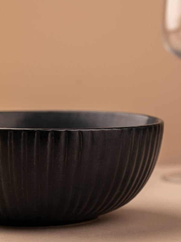 Matte Black Ceramic Serving Bowl| 7 inch| Microwave Safe - Ribbed Black