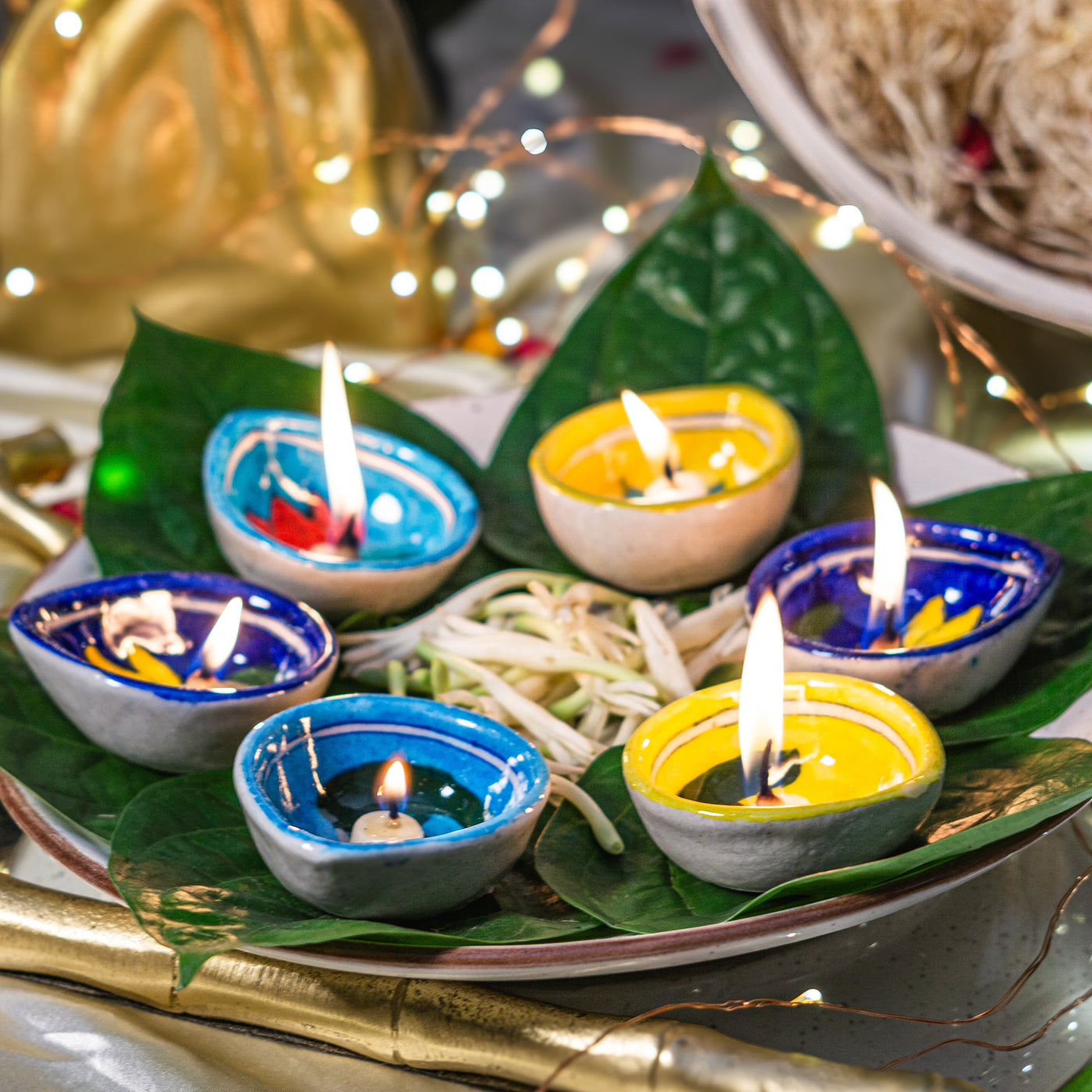 Blue Pottery Diwali Diyas | Set of 6