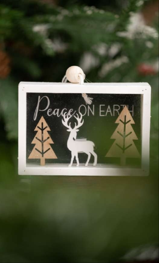Wooden Hanging Plaque Peace on Earth with Deer & Trees_CC83