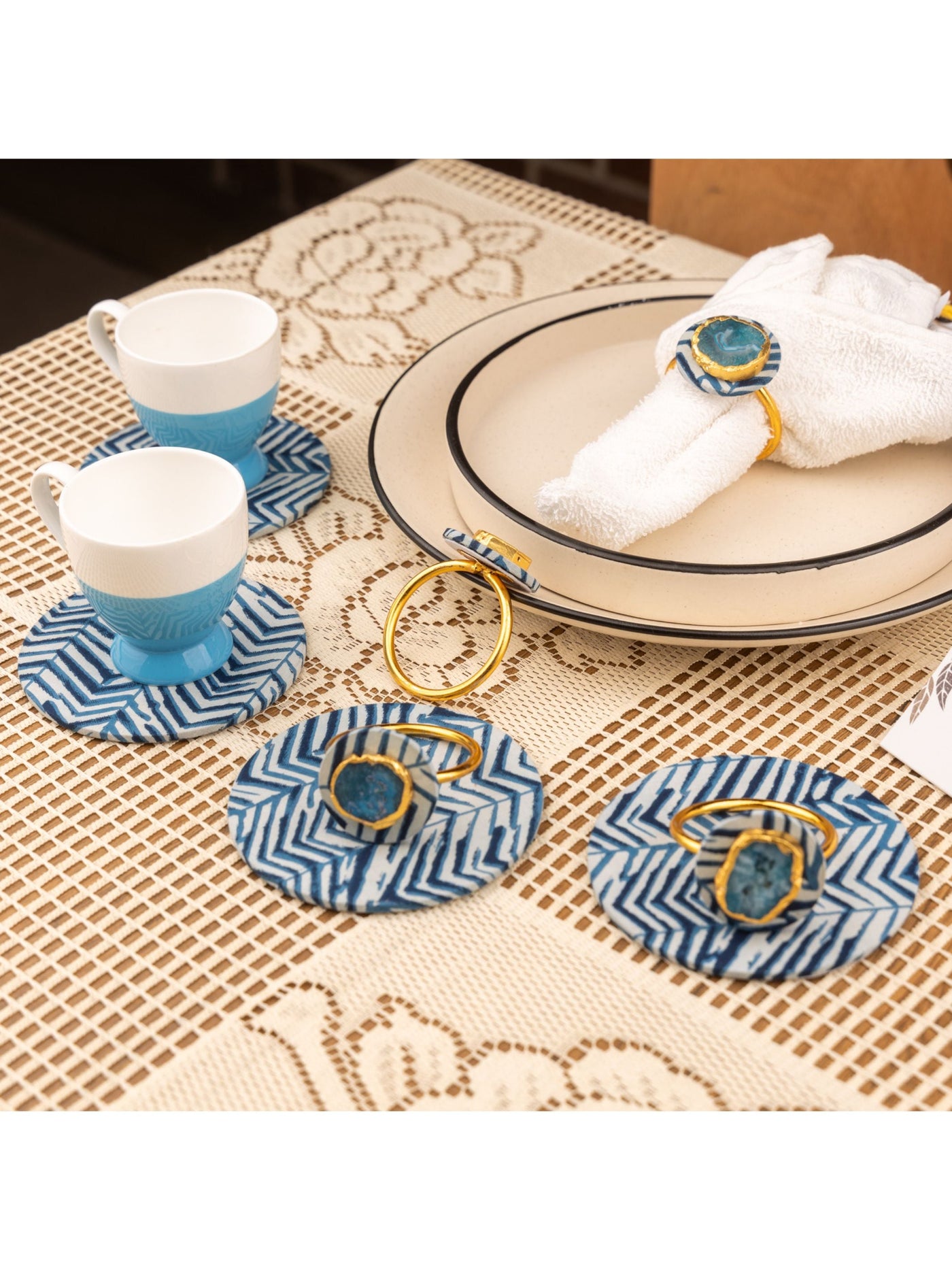 Blue Zebra Napkin Ring & Coaster Set Of 4