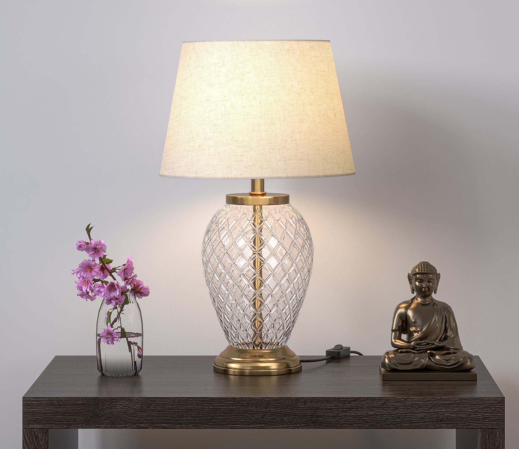 Diamond-Cut Glass Table Lamp, Antique Brass (19") – Off-White 12" Shade