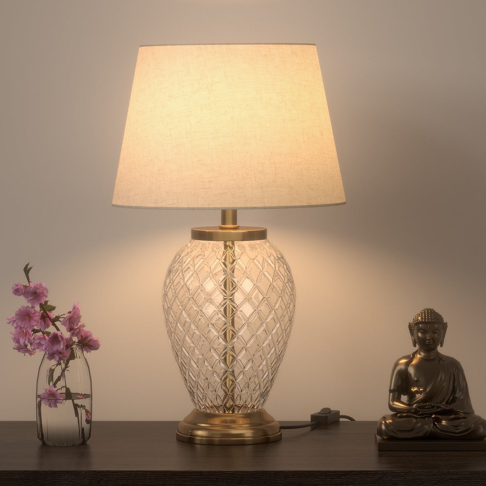 Diamond-Cut Glass Table Lamp, Antique Brass (19") – Off-White 12" Shade