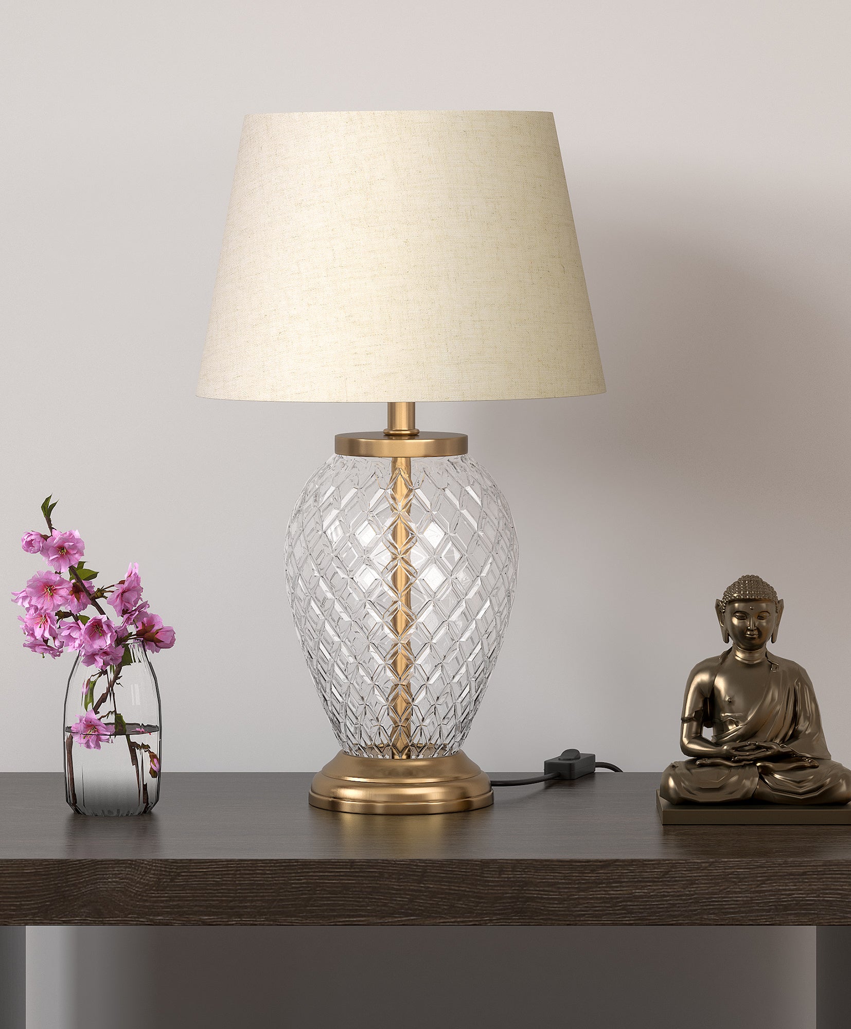 Diamond-Cut Glass Table Lamp, Antique Brass (19") – Off-White 12" Shade