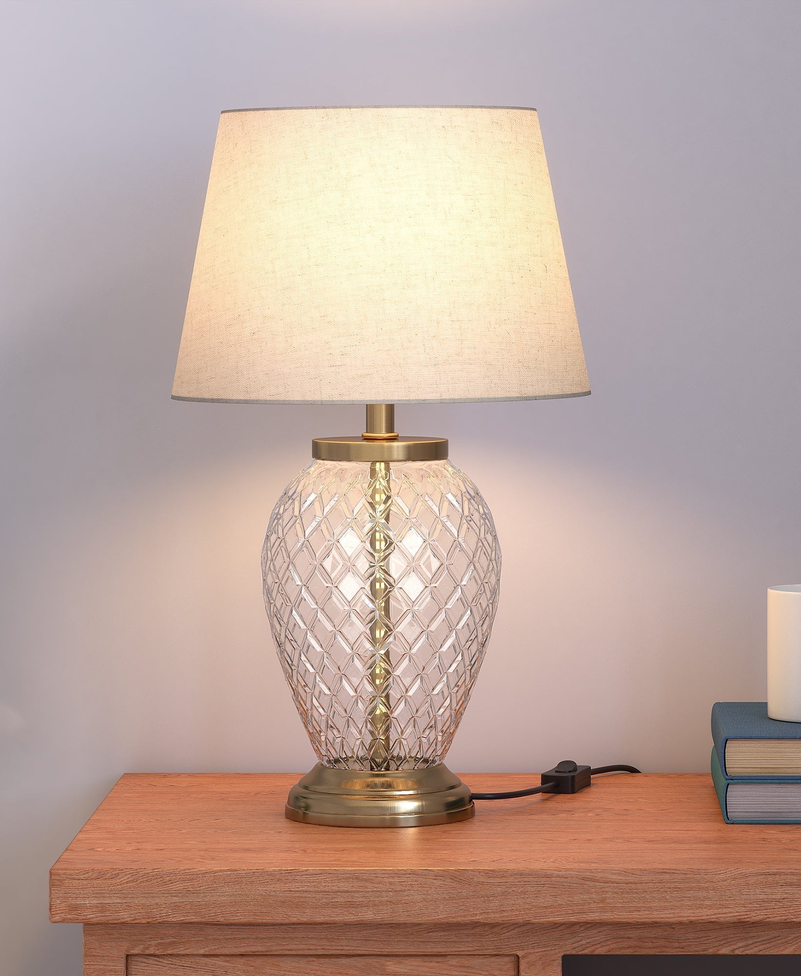 Diamond-Cut Glass Table Lamp, Antique Brass (19") – Off-White 12" Shade