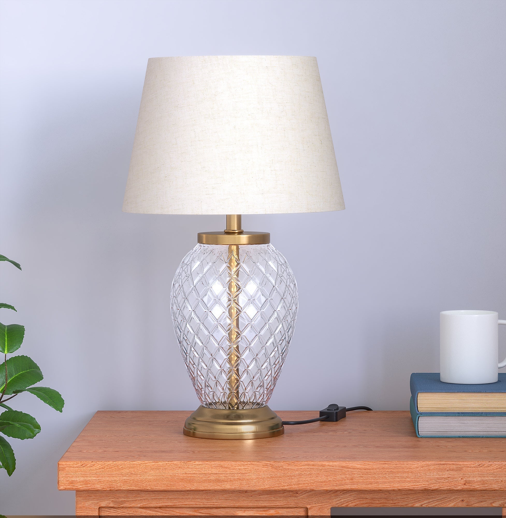 Diamond-Cut Glass Table Lamp, Antique Brass (19") – Off-White 12" Shade