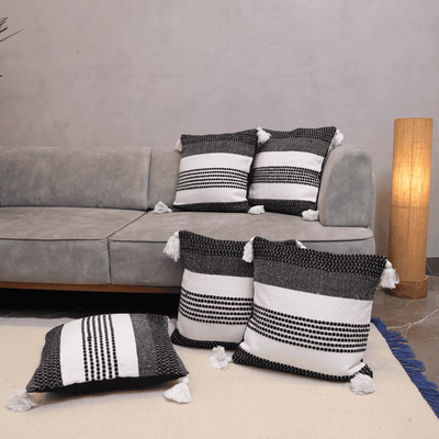 Monochrome Stripes Tufted Cushion Cover - Set of 5