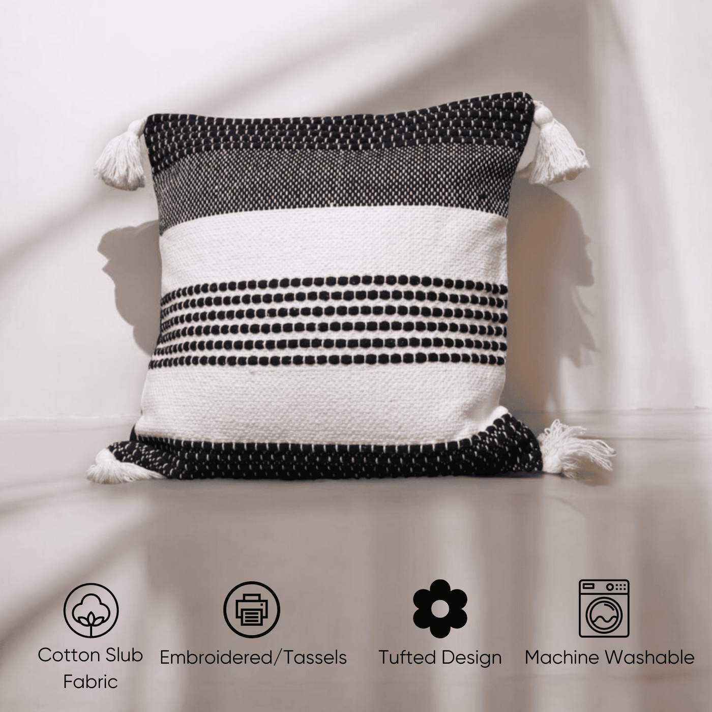 Monochrome Stripes Tufted Cushion Cover - Set of 5