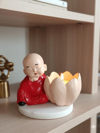 Buddha Monk Lotus Candle Stand Red