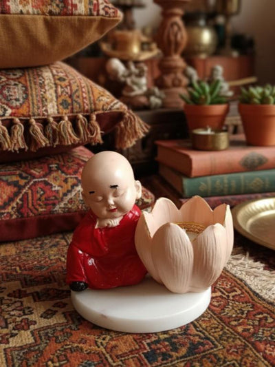 Buddha Monk Lotus Candle Stand Red