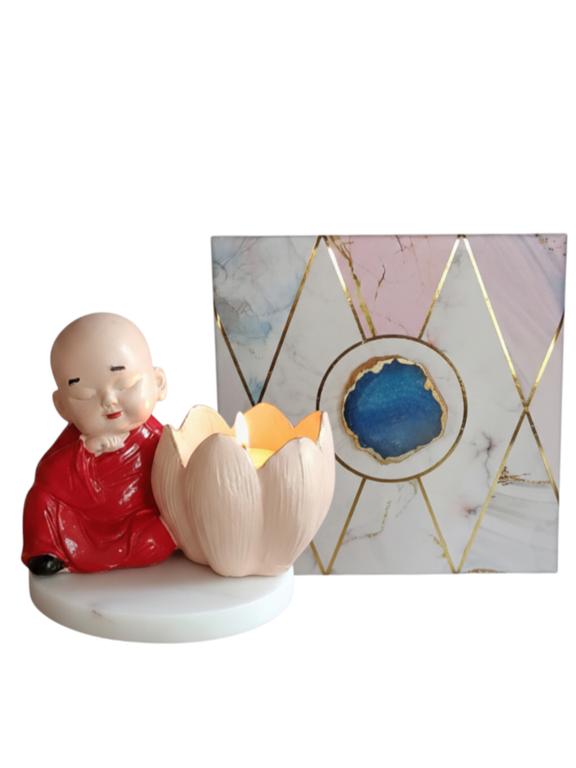 Buddha Monk Lotus Candle Stand Red