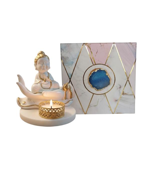 Buddha Hand Tealight Candle Holder Round Marble Base