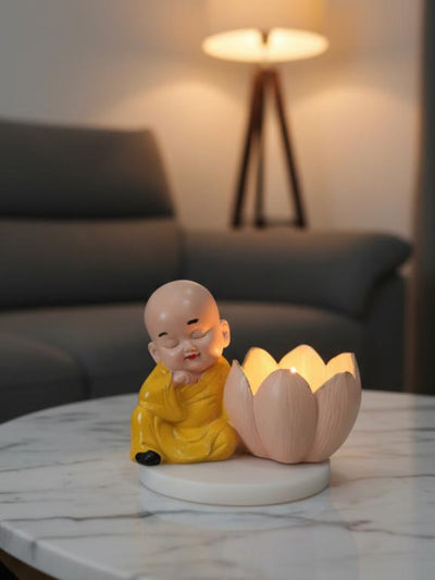 Buddha Monk Lotus Candle Stand Yellow