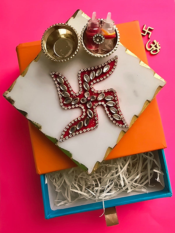 Marble Pooja Platter with Roli Chawal Pot