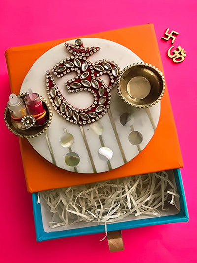 Marble Pooja Platter with Roli Chawal - Round Shape brass Om