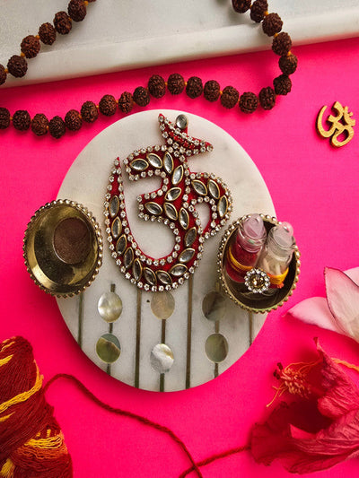 Marble Pooja Platter with Roli Chawal - Round Shape brass Om
