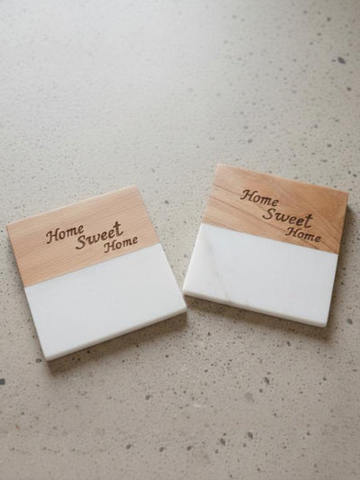 Marble Wooden Home Sweet Home Square Coaster - set of 2