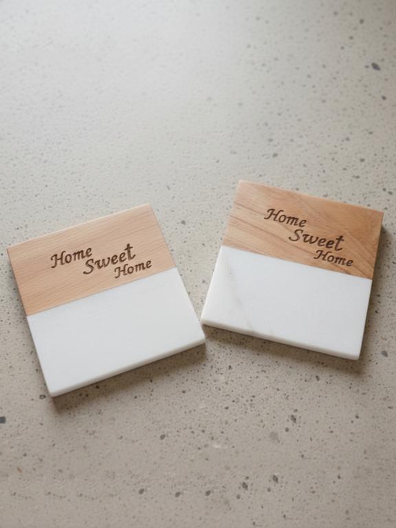 Marble Wooden Home Sweet Home Square Coaster - set of 2