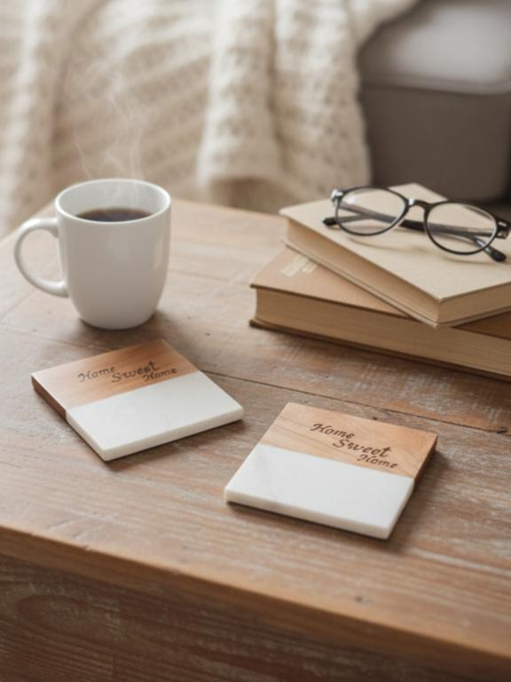 Marble Wooden Home Sweet Home Square Coaster - set of 2