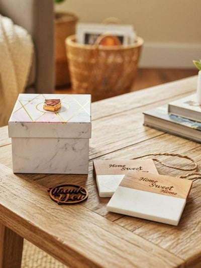 Marble Wooden Home Sweet Home Square Coaster - set of 2
