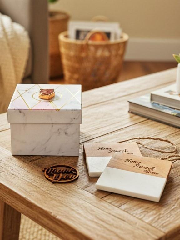 Marble Wooden Home Sweet Home Square Coaster - set of 2