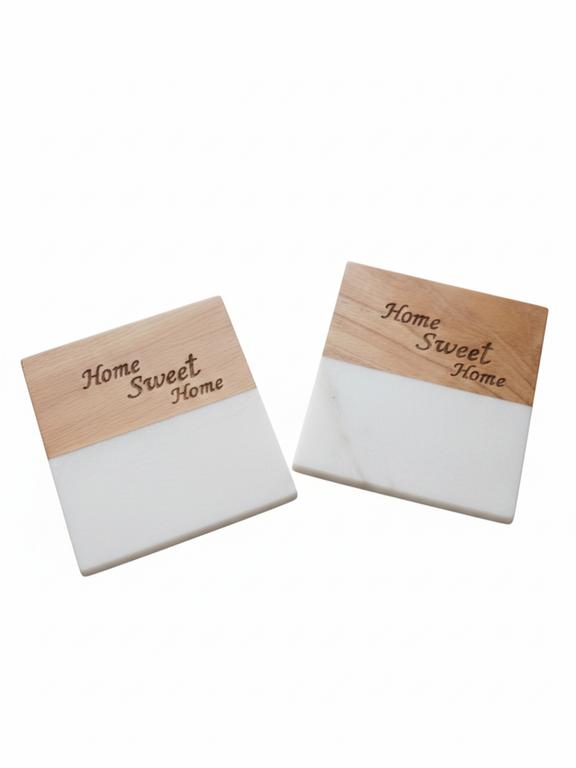 Marble Wooden Home Sweet Home Square Coaster - set of 2